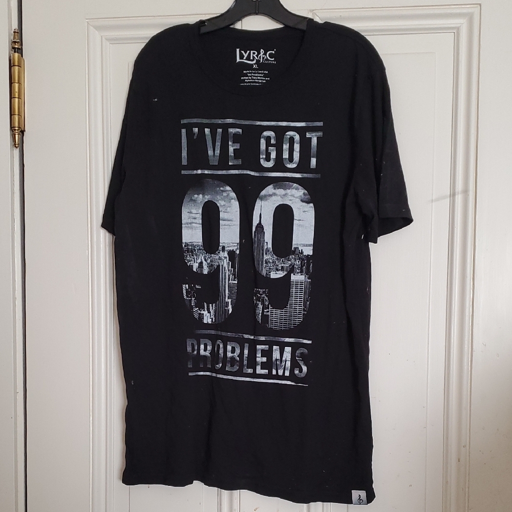 Black Elongated Short Sleeve Tee with 99 Problems Graphic Design
